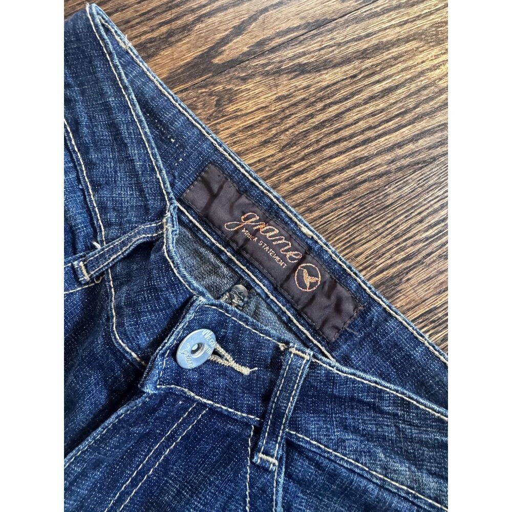 Game Y2K Low Rise Flare Jeans Dark Wash Embroidered Back Pockets 2000s Size 3